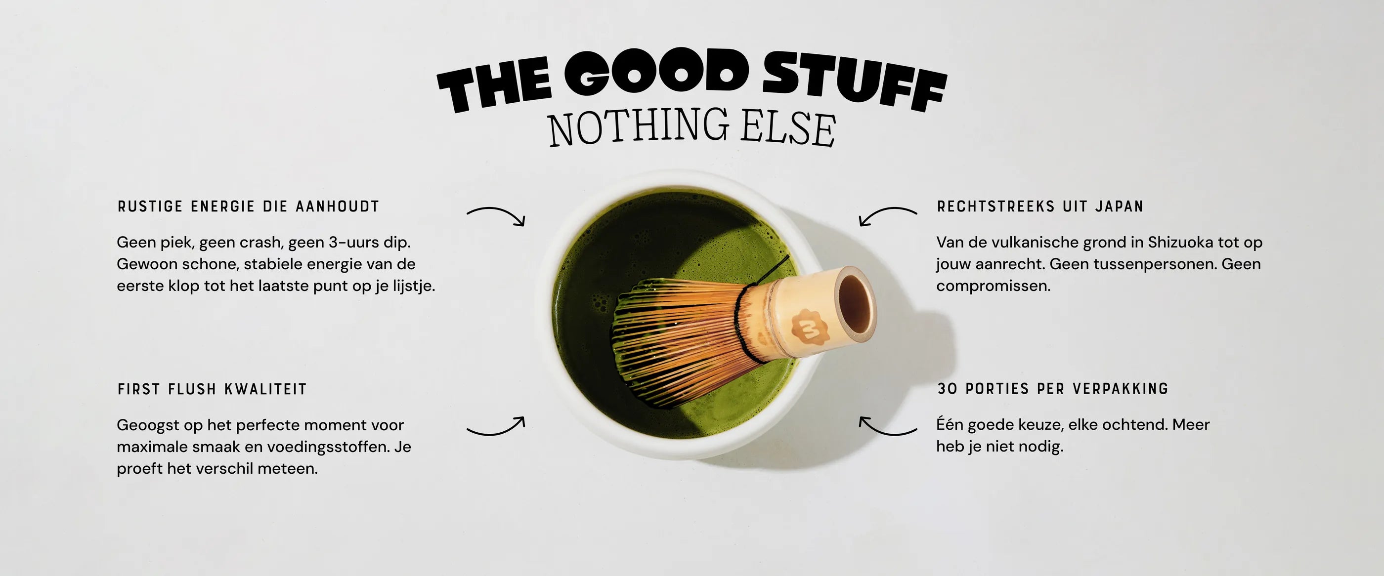 The good stuff, nothing else: calm energy that lasts, first flush quality, sourced direct from Japan, 30 servings per pouch