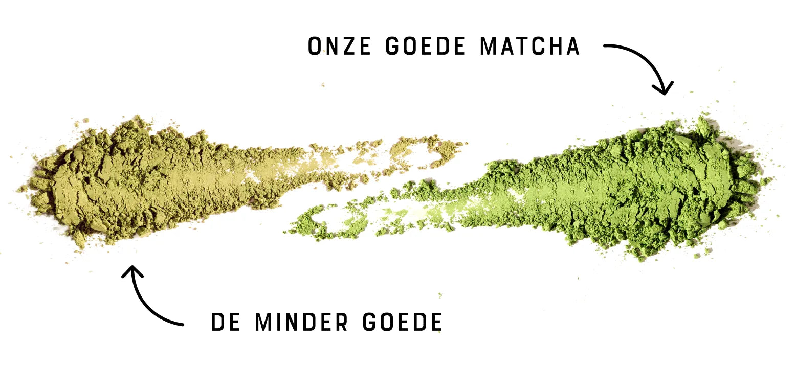 Wholeday matcha, bright green, beside lower-grade matcha, dull yellow — the colour says it all